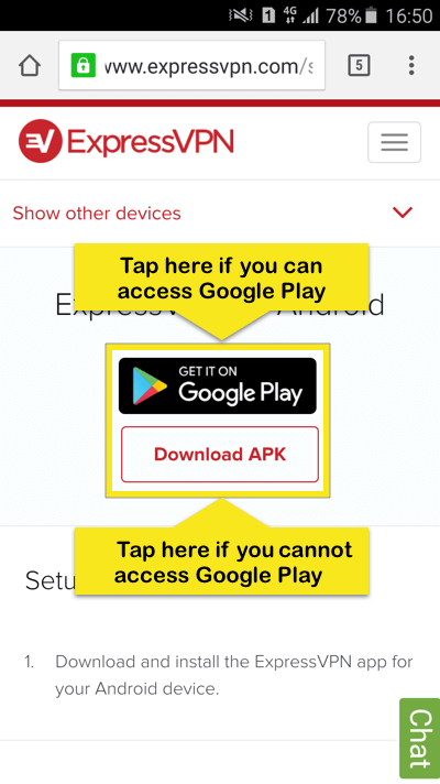 Halaman persediaan ExpressVPN dengan butang Google Play dan Muat turun APK diserlahkan.