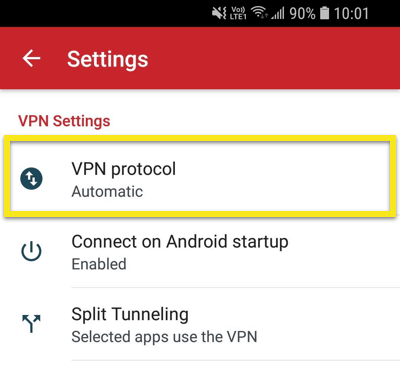 VPN 프로토콜 메뉴를 엽니 다.