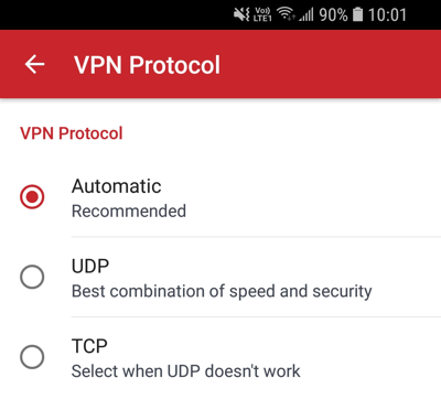 VPN 프로토콜 메뉴.