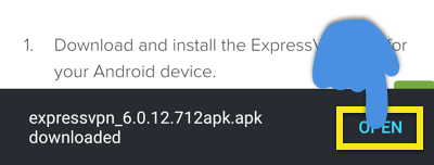 پیام بارگیری Android با دکمه Open برجسته شده است.