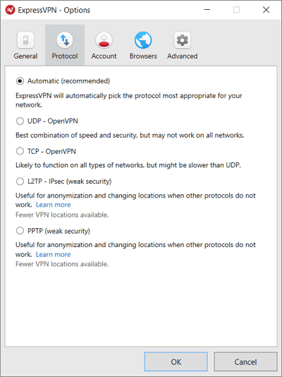 Windows 용 ExpressVPN 프로토콜 메뉴.