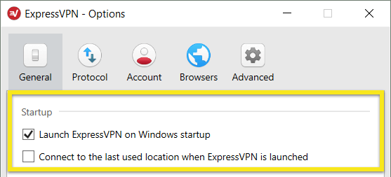 Pilih untuk melancarkan ExpressVPN pada permulaan Windows.