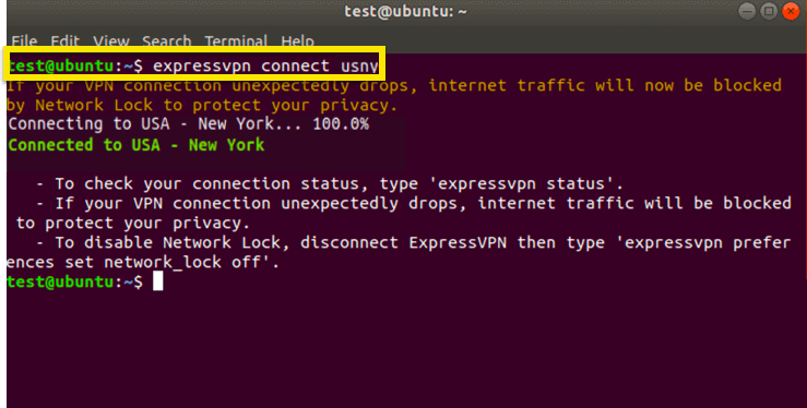 Подключитесь к расположению сервера ExpressVPN в Нью-Йорке в Linux.