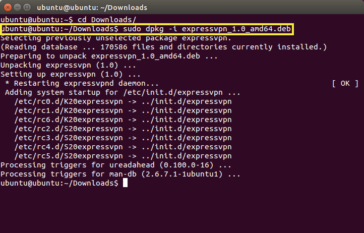 запустите команду установщика, чтобы установить expressvpn для Linux.