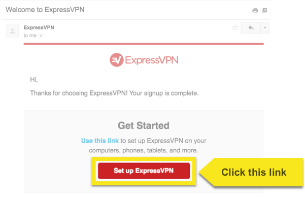 Sveikinimo laiškas su paryškintu mygtuku „Set Up ExpressVPN“.