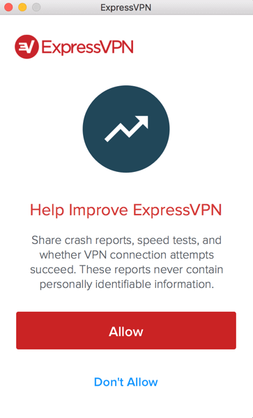 Экран запроса совместного доступа к диагностике ExpressVPN.