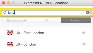 Меню местоположений ExpressVPN с выделенной строкой поиска.