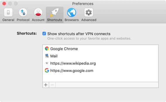 Menu ExpressVPN Preferences menampilkan tab Shortcuts.