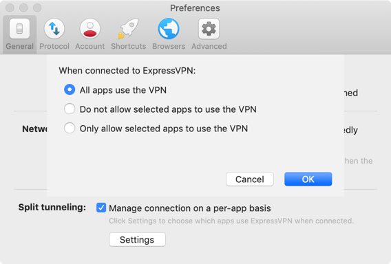 모든 앱은 Mac에서 ExpressVPN을 사용합니다.