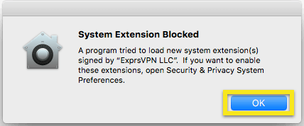 Расширение системы Заблокировано предупреждение с выделенной кнопкой ОК.