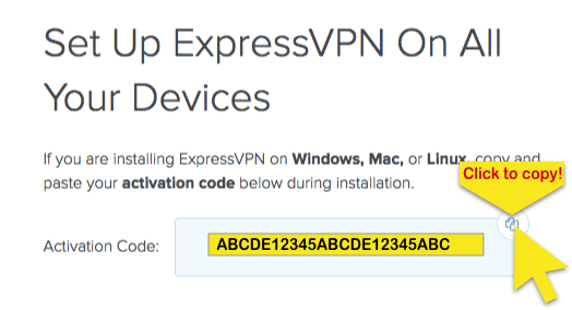 Экран настройки ExpressVPN с кодом активации и выделенной кнопкой Click to Copy.