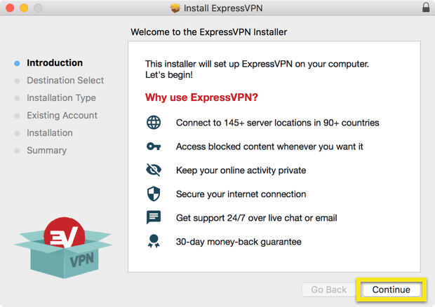 Pengenalan ExpressVPN Installer dengan tombol Lanjutkan disorot.