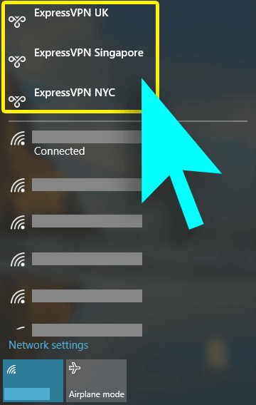 Meni za dostop do interneta z označenimi lokacijami strežnika ExpressVPN.