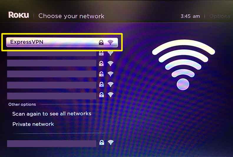 תפריט Roku המדגיש רשת Wi-FI בשם ExpressVPN.