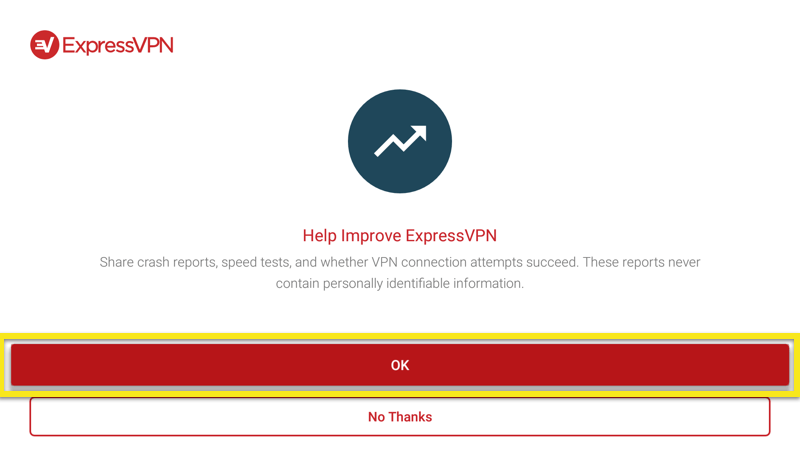 Pošljite anonimne analitike za izboljšanje ExpressVPN na Android TV Box.