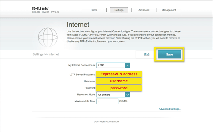כרטיסיית D-Link באינטרנט עם שדות רלוונטיים מודגשים