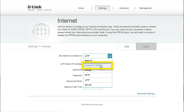 Tab internet D-Link dengan DHCP disorot