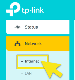 เมนู TP-Link พร้อมไฮไลต์อินเทอร์เน็ต