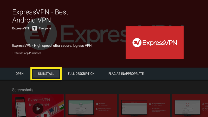 Nyahpasang aplikasi ExpressVPN di Android TV.