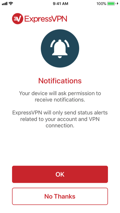 Zaslon dopuštenja obavijesti u aplikaciji ExpressVPN iOS.