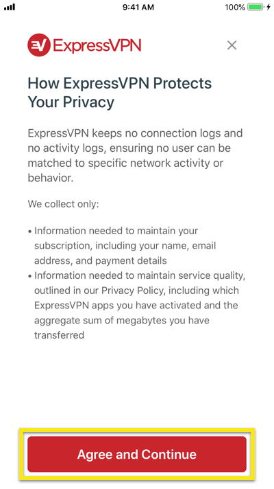 ExpressVPN iOS uygulaması için gizlilik bildirimi.