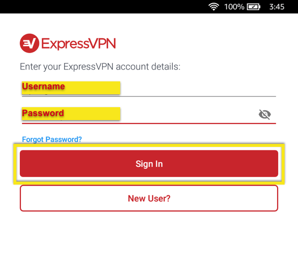 ExpressVPN 사용자 이름과 비밀번호로 로그인하십시오.