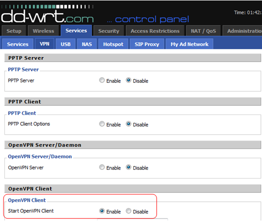 Панель управления DD-WRT с выделенным разделом OpenVPN Client
