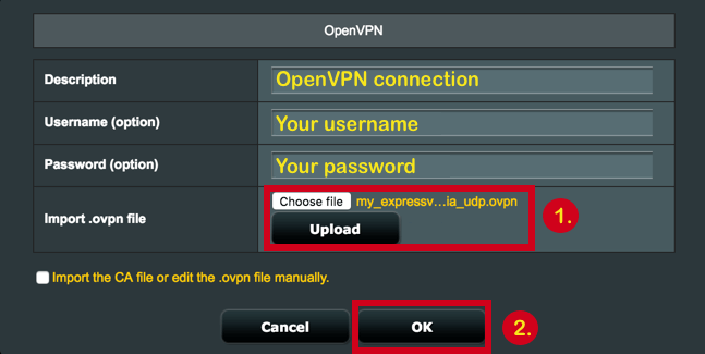 Skrin konfigurasi OpenVPN dengan bidang muat naik fail disorot