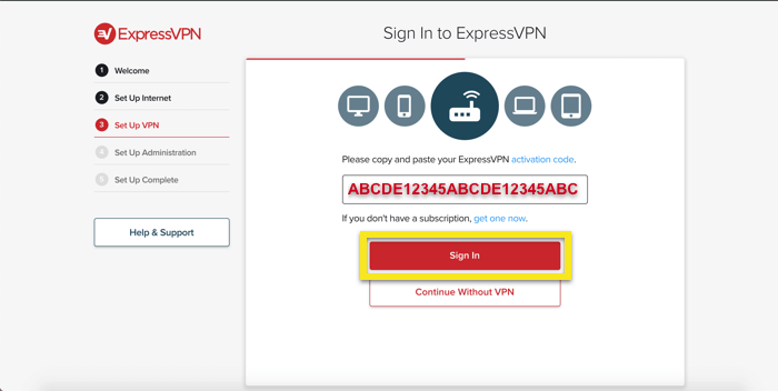 Masukkan kode aktivasi ExpressVPN Anda.