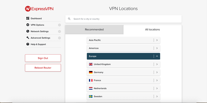 Lokasi server browser di aplikasi router ExpressVPN.