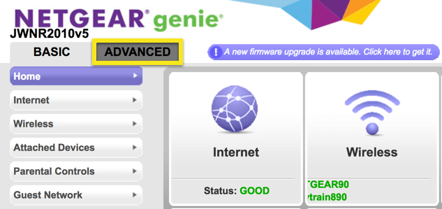 Genie של Netgear עם הכרטיסייה Advanced מסומן.