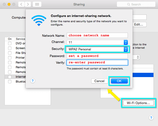보안 드롭 다운 및 확인 버튼이 강조 표시된 공유 메뉴의 Wi-Fi 옵션 창