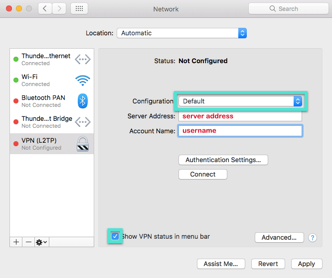 Mac Network meni s poudarjenim spustnim menijem Configuration in potrdite polje VPN statusa.