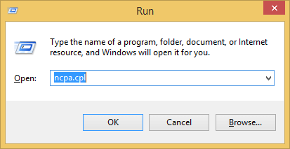 Jalankan arahan dengan ncpa.cpl dipilih.