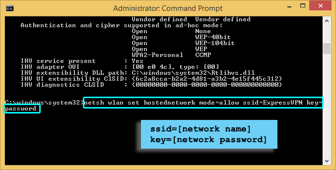 네트워크 이름과 비밀번호를 보여주는 Windows 명령 프롬프트.