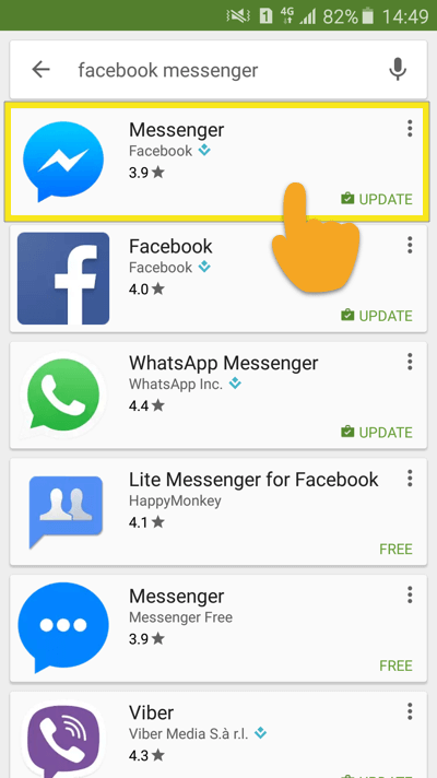 Mainkan hasil pencarian Play Store dengan Messenger yang disorot.