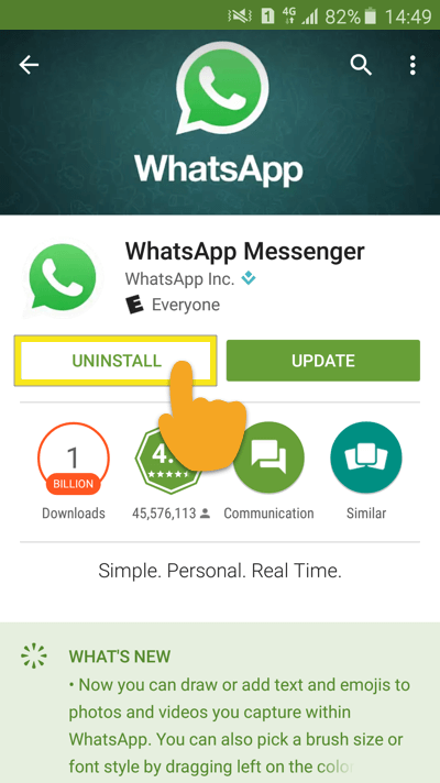 щракнете върху Android деинсталирайте whatsapp