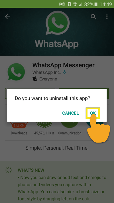 ยืนยัน android ลบ whatsapp