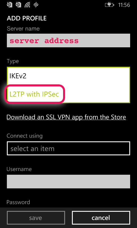 добавьте адрес сервера и выберите l2tp
