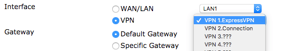 기본 게이트웨이 설정이 강조 표시된 DrayTek 라우터의 VPN 인터페이스 화면.