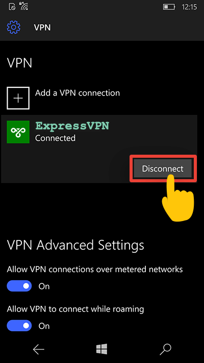 atvienojiet no VPN operētājsistēmas Windows 10 mobilajā ierīcē
