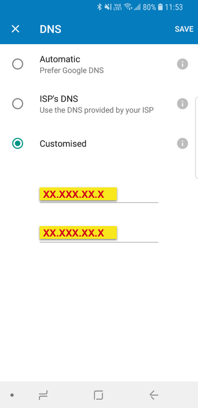 DNS-экран приложения Google Wifi с выделенными двумя примерами DNS-адресов.