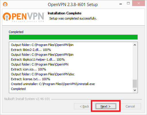 установка завершена для Windows OpenVPN GUI