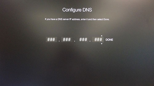 Apple TV Konfigurirajte DNS zaslon, ki čaka na vnos naslova IP.