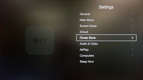 Apple TV Settings meni s iTunes Store označen.