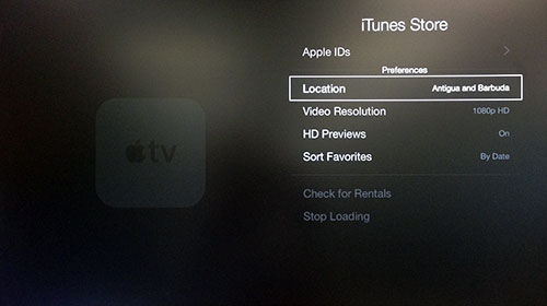 Meni Apple TV iTunes Store s poudarjeno lokacijo.