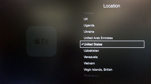 미국이 강조 표시된 Apple TV 위치 메뉴.