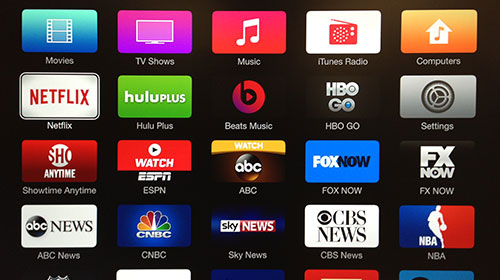 Экран Apple TV с поставщиками контента в США.