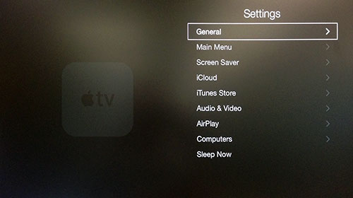 Apple TV Settings meni s Splošno poudarjeno.