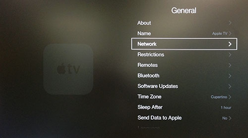 네트워크가 강조 표시된 Apple TV 일반 메뉴.